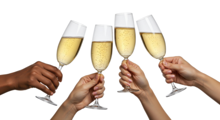 Four diverse hands toasting with champagne glasses isolated on a white background