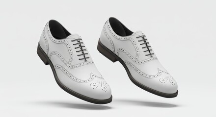Elegant White Leather Wingtip Brogue Shoes Floating on Soft Gray Background