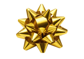 A shiny gold metallic gift bow with pointed petals sits isolated on a transparent background