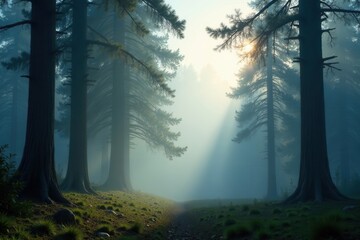 Dense fog shrouds ancient pines, soft light peeking through, ethereal, mystical