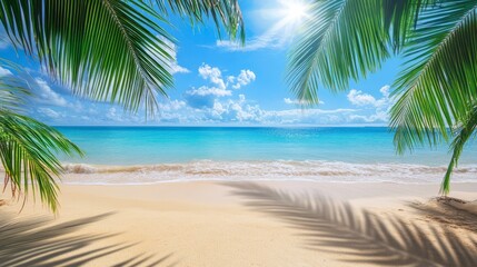 Obraz premium 50.A tranquil beach scene featuring golden sand adorned with scattered palm leaves, framing a vibrant blue sea stretching to the horizon under a bright sunny sky.