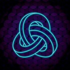Triple Mobius Loop Impossible Geometric Figure Neon Sign Style Icon In Front of Repeating Cube Pattern Wallpaper - Turquoise on Blue Background - Gradient and Flat Graphic Design