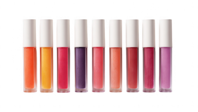 Eight tubes of lip gloss in various shades