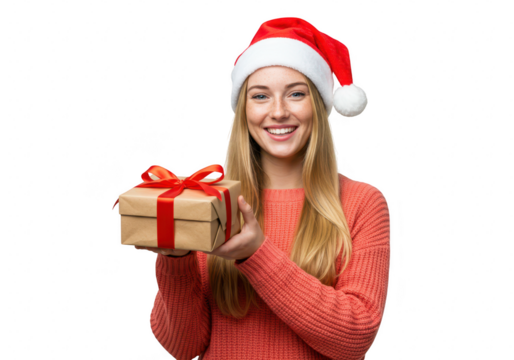 A happy young woman wearing a santa hat holds a christmas gift, isolated on a transparent background