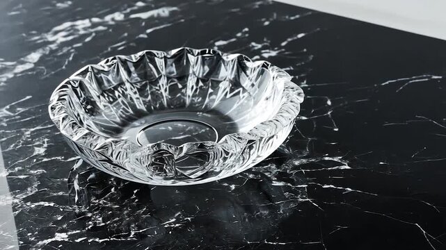Clear glass dish on dark marble
