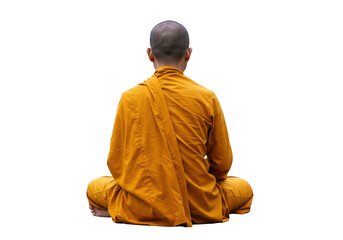 A monk in an orange robe meditates crosslegged, isolated on a transparent background