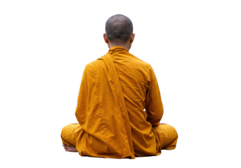 A monk in an orange robe meditates crosslegged, isolated on a transparent background