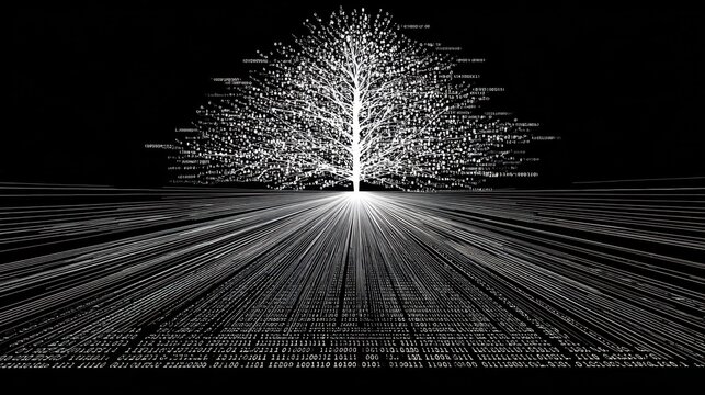 Binary tree composed of s and s stretching across a black tech background