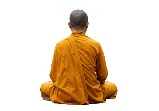 A monk in an orange robe meditates crosslegged, isolated on a transparent background