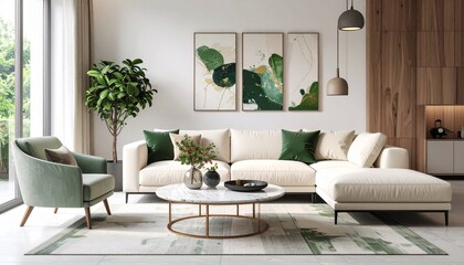Modern living room with cream sectional sofa, green accents, and abstract art.