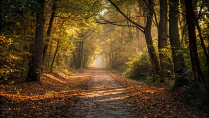 Obraz premium Serene forest pathway during autumn, showcasing vibrant foliage and soft sunlight filtering through trees