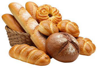 A variety of fresh baked bread and pastries, including baguettes and rolls with sesame seeds, in a basket isolated on transparent background
