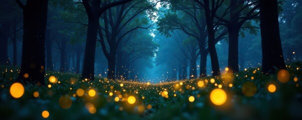 Fototapeta premium Glowing fireflies create ethereal light patterns amidst towering trees , beetles, art