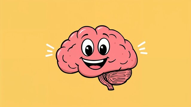 Displaying cartoon-style pink human brain character smiling on yellow background, adding emphasis