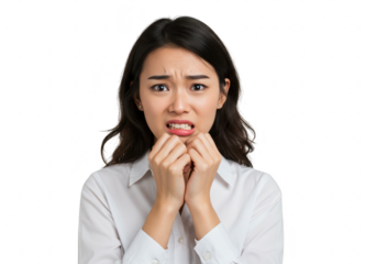 A young asian woman with a fearful expression, biting her nails and looking scared, isolated on transparent background