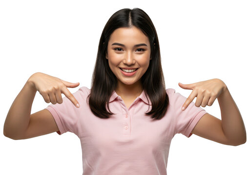 A happy young asian woman smiles and points down with both hands, isolated on transparent background