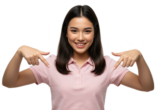 A happy young asian woman smiles and points down with both hands, isolated on transparent background