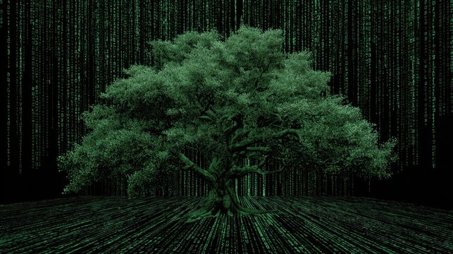 Energy-filled digital tree growing on a matrix-themed background
