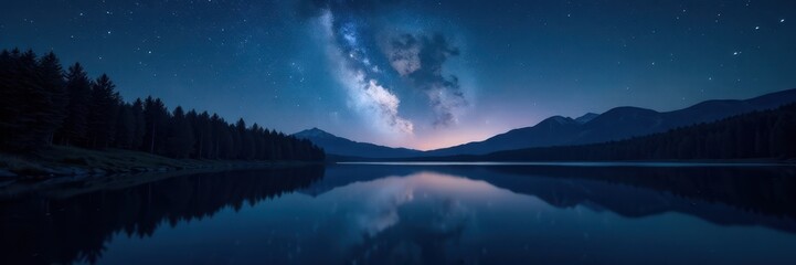 Fototapeta premium Inky black sky, countless stars reflected in still lake water, milky way, tranquility