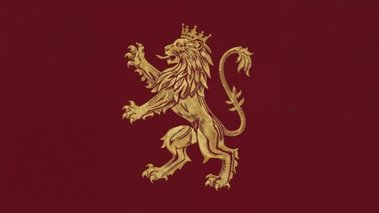 Fototapeta premium Standing crowned golden royal lion extending claws and facing left on deep red backdrop, heraldry