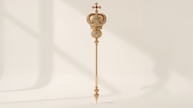 Displaying golden scepter featuring jeweled crown and filigree orb in studio with soft shadow grid