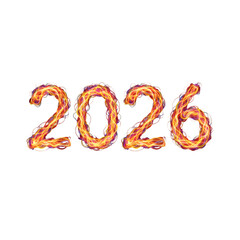 The year 2026 is depicted with fiery, glowing, and swirling orange and red light effects against a clean white background.