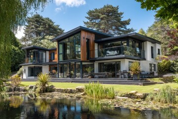 Modern House Exterior With Pond And Garden