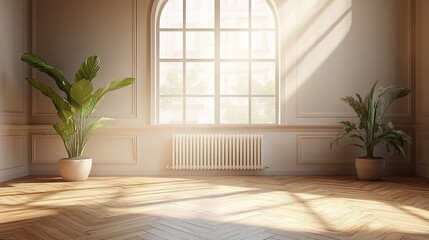 Sunlit Parisian apartment, hardwood floor, plants, window, interior design