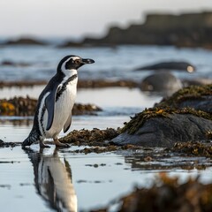 Fototapeta premium Adelie Penguin, pygoscelis adeliae, Group Leaping into Ocean, Paulet Island in Antarctica