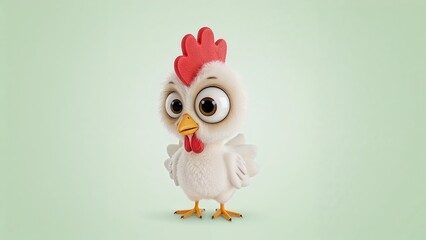 Fototapeta premium Standing fluffy white chick showcasing expressive brown eyes and red comb on green studio backdrop