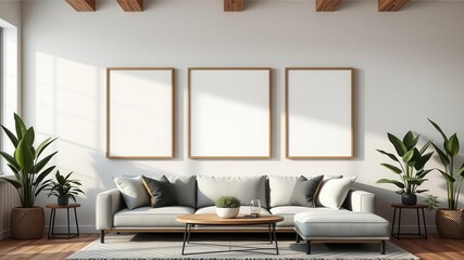 Fototapeta premium Modern living room wall art mockup featuring natural elements such as plants and wood accents, wood, mockup, design