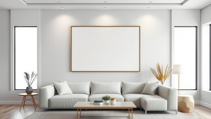 Modern living room wall art mockup with sleek and minimalist design featuring a blank canvas for customization, wall art, minimalist, customization