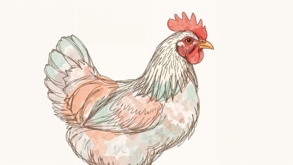 Featuring watercolor-ink illustration of rooster against off-white background, pastel palette