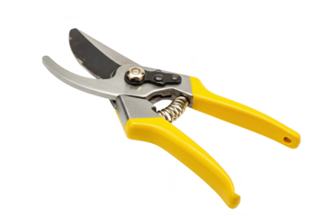 A pair of yellowhandled pruning shears isolated on a transparent background, a sharp tool for gardening
