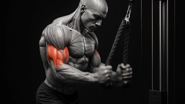 High-quality 3D anatomical render of a male athlete performing rope triceps pushdown, with triceps highlighted in red. Dark background, ideal for fitness instruction and anatomy education.