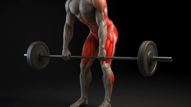 High-quality 3D anatomical render of a male athlete performing Romanian deadlift, highlighting hamstrings, glutes, and lower back muscles in red. Ideal for fitness training and anatomy education