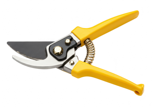 A pair of yellowhandled pruning shears isolated on a transparent background, a sharp tool for gardening