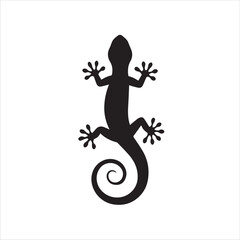 Black silhouette of a gecko lizard with swirling tail on white background