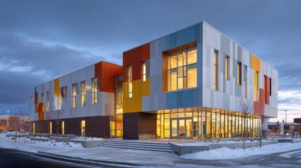 Fototapeta premium Urban school building with colorful external panels and large classroom windows