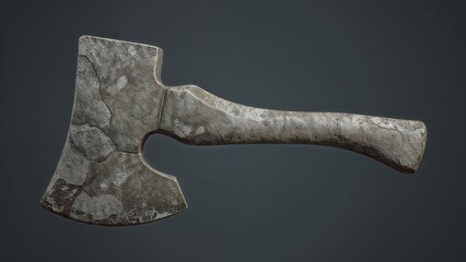 Displaying weathered metal axe lying horizontally against gray backdrop, with corrosion pitting