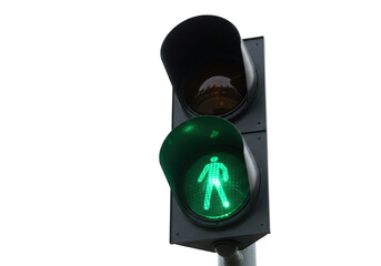A traffic light displays a green signal for pedestrians to cross the street isolated on transparent background