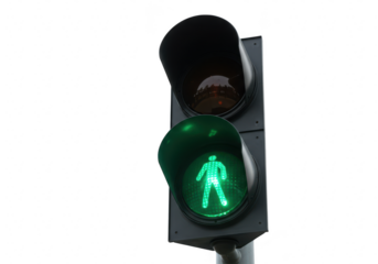 A traffic light displays a green signal for pedestrians to cross the street isolated on transparent background