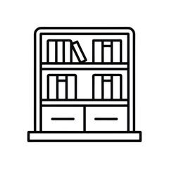 Simple outline drawing of a bookshelf with books and drawers isolated on white background