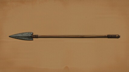 Displaying wooden spear resting on parchment backdrop, with metal tip and wrapped bindings