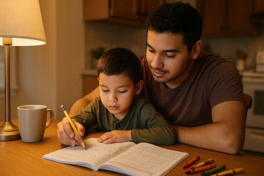 Caring father helping son with homework at home