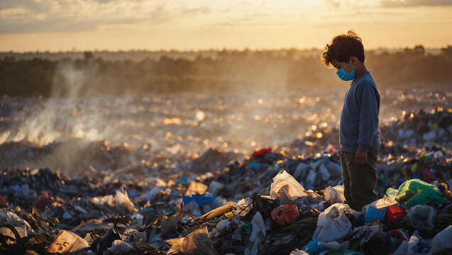 A sad child wearing a face mask standing in a landfill filled with trash