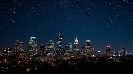 Glowing city skyline stretching over treeline at park, with lit skyscrapers, streetlights and stars