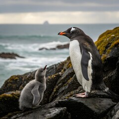 Obraz premium Adelie Penguin, pygoscelis adeliae, Group Leaping into Ocean, Paulet Island in Antarctica