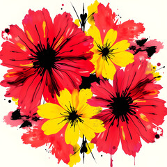 Abstract Floral Background With Modern Brushstroke Blossoms And Ink Lines