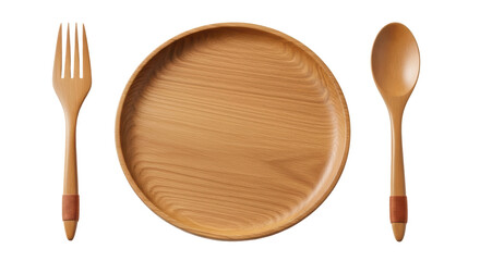 Isolated Wooden Plate with Fork and Spoon